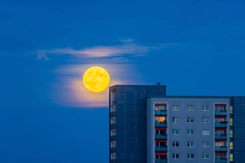 Rising full moon over 17-storey prefabricated buildings in Dresden Johannstadt, Full moon over