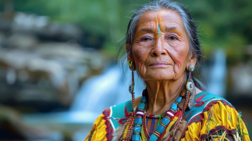 An elder woman in colorful traditional attire with a proud expression, standing near a waterfall