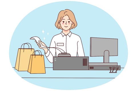 Smiling female cashier with bags at shop register. Woman selling products giving bill to client in