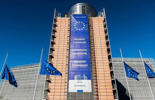 City of Brussels, Belgium, 02 15 2019: Wide angle view of the facade of the Berlaymont building,