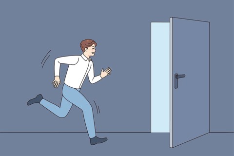 Young man running into open door strive for happy future and career success. Male in hurry move