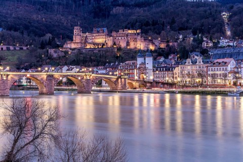 Night view of Heidelberg with illuminated castle and bridge over the Neckar, Old bridge in