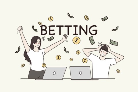 Online betting and bet service concept. sports game. Young happy smiling couple cartoon characters