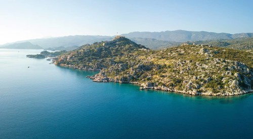 Aerial view of coast and Kalekoy Castle near Kekova, Turkey, Asia