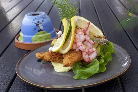 Smörrebröd with shrimps and fish fillet, Baltic Sea island of Bornholm, Denmark, Europe
