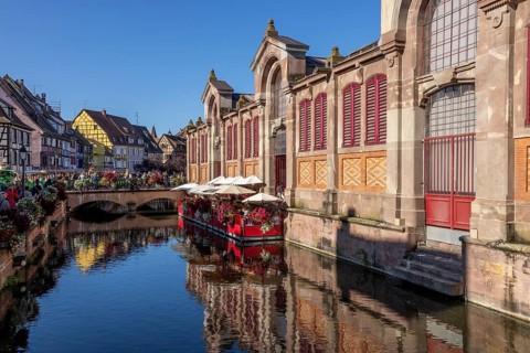 Market hall Marché Couvert Colmar on the canal, Petite Venise Colmar (Little Venice Colmar), Old