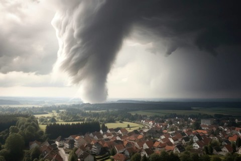 A tornado moves towards a housing estate with great destructive force, tornado, severe weather,