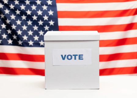 Front view white ballot box american flag