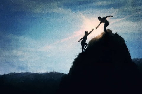 Conceptual painting with two friends climbing a mountain together, helping each other to reach the
