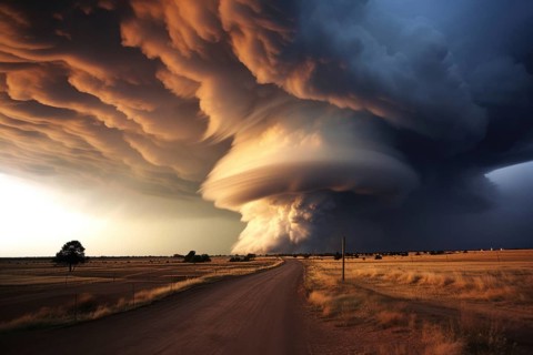 A huge tornado in the sky, road in front, natural disaster, severe weather, climate change, AI