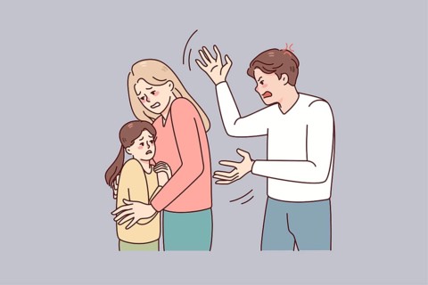 Mother protect child from aggressive father. Woman hide kid from authoritarian husband. Family