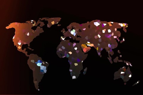 Roughly outlined world map with a colorful background patterns