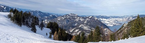View of the Mondsee, winter landscape, snow-covered alpine peaks, Schafbergalm, panoramic shot,