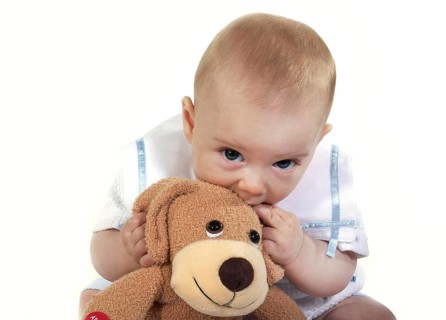 BABY, BOY PLAYING WITH A SOFT TOY