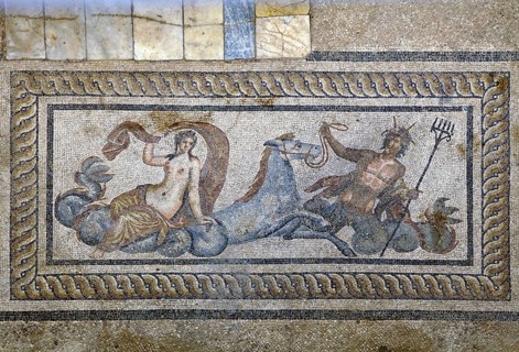 Mosaic (Poseidon abducts Amphitrite with seahorse Hippokampos) in hillside houses (Yamaþ Evleri),