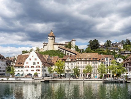 Schifflände, behind Munot town fortress, Schaffhausen, Canton Schaffhausen, Switzerland, Europe