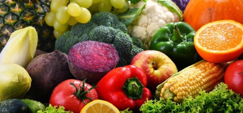 Composition with variety of fresh vegetables and fruits