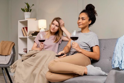 Women couch watching tv drinking wine