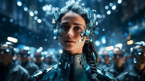 Portrait of a woman wearing a futuristic robotic headset against a blurred background of similar