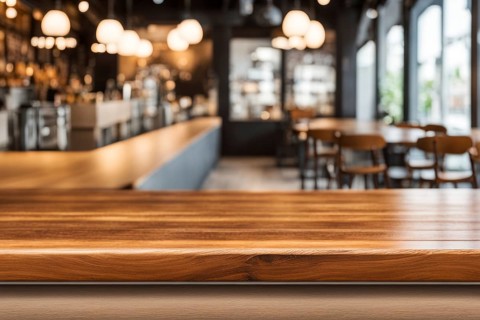 Cozy cafe with wooden countertops and warm lighting creating an inviting industrial style ambiance,