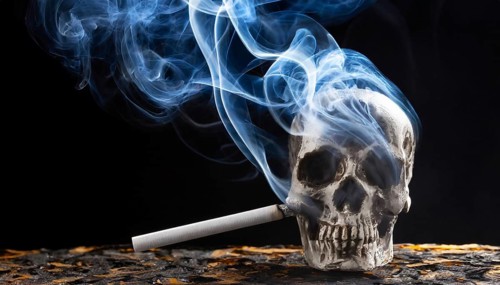 AI generated, A skull and a burning cigarette, Smoking kills
