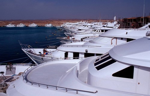 Diving boats in harbour, Egypt, Ras Galeb, Marsa Alam, Red Sea, Africa