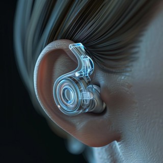Digital representation of a human ear with a stylised, silver hearing aid, AI generated