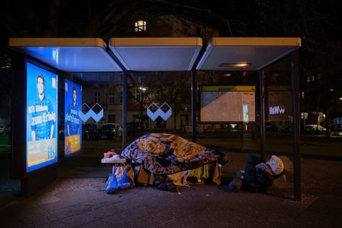 Germany, Berlin, 25 November 2018, cold weather bus of the Berlin City Mission, homeless man