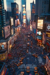 Dense crowd on a busy city street in New York city with skyscrapers, taxis, and billboards at dusk,