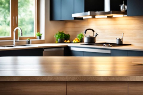 Modern kitchen with a wooden countertop, blue cabinets, and sunlight filtering through a window, AI