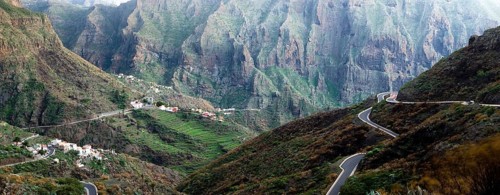 Panoramic panorama view of village of Masca on Tenerife, Mountain road, pass, in rugged volvanic