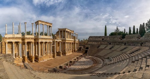 Merida, Spain -- 28 March, 2022: panorama view of the Roman amphitheater in historic Merida