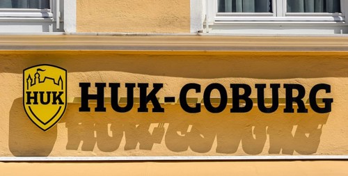 Logo and lettering, HUK-COBURG, Kempten, Allgäu, Bavaria, Germany, Europe