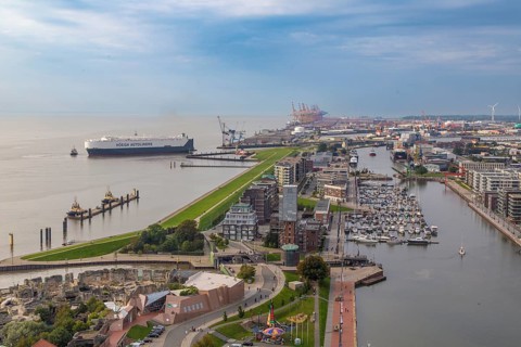 View of the overseas harbour from the 86-metre-high observation deck of the Atlantic Hotel Sail