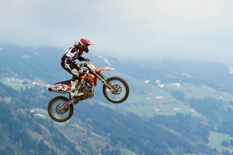 Motorcycle jump, Aschau im Zillertal, Tyrol, Austria, Europe