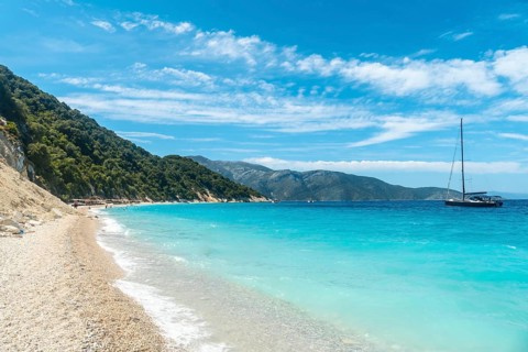 Luxury boats at Gidaki Beach on the island of Ithaki or Ithaca in the Ionian Sea in the