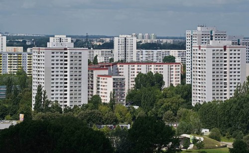 Residential building, in the foreground part of the park Gärten der Welt, Marzahn-Hellersdorf
