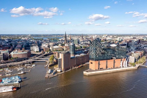 Panorama photo, drone photo, aerial photo, Hafencity, Speicherstadt, Elbe, Steinwerder, Elbe