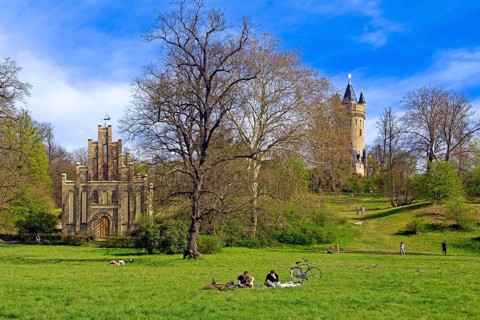 Sailors' House and Flatow Tower, Babelsberg Palace Park, Potsdam, Brandenburg, Germany, Europe