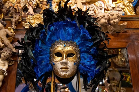 Handmade Venetian masks in a shop of a manufactory, Venice, Veneto, Italy, Europe