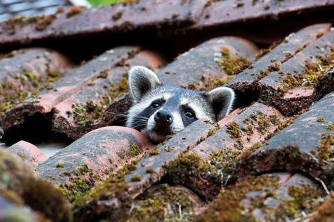 Raccoon (Procyon lotor), invasive species, has taken up residence in the roof truss, Berlin,