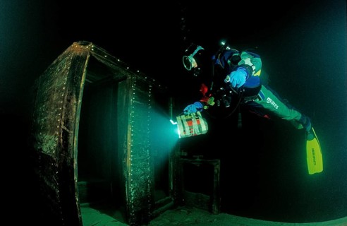 Diver at the Jura, wreck diving, Germany, Lake Constance, Baden Würtemberg, Europe