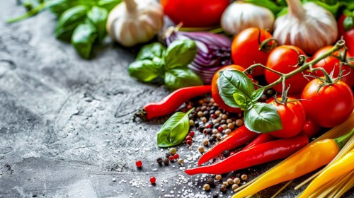 Raw ingredients like tomatoes, basil, garlic, and chili peppers on a rustic gray background, AI