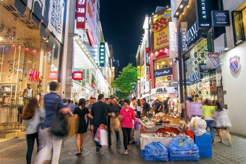 Myeongdong shopping street in central seoul south korea at night