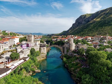 View over the old town centre of Mostar, Montenegro, Europe