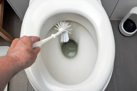 Hand is cleaning a disgusting dirty toilet with a brush, hygiene for health in the household, copy