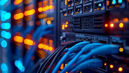 Focused network cables with defocused blue lights in a server room, AI generated