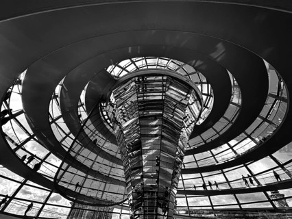 Roof construction of the Reichstag dome in Berlin, black and white, Berlin, Germany, Europe