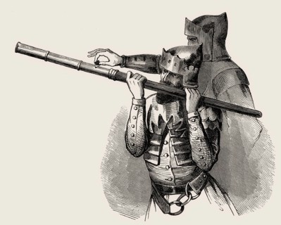 Two soldiers using a hand cannon, Bâton à feu, 14th century