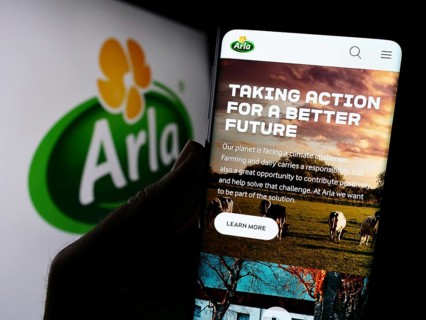 Stuttgart, Germany, 09-08-2023: Person holding cellphone with webpage of Nordic dairy company Arla